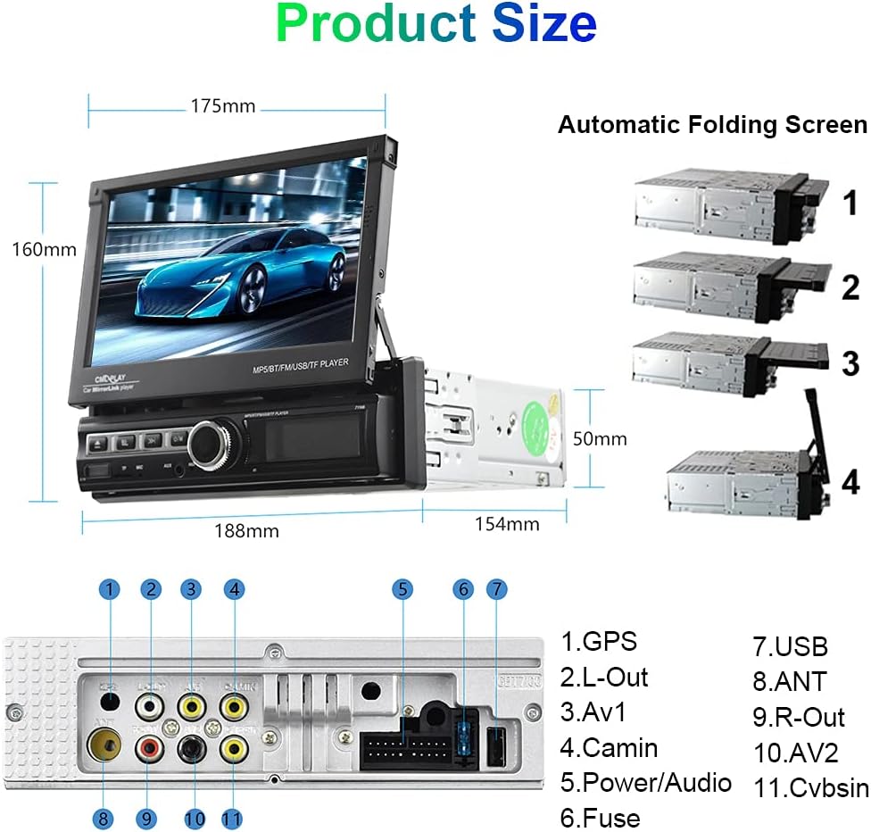 Hikity Single Din Touchscreen Car Stereo 7 Inch Touch Screen Car Radio, Automatic Flip Out Sceen Car Stereo with FM Radio, Bluetooth, Mirror Link, EQ, USB/TF/AUX Input, SWC, Backup Cam