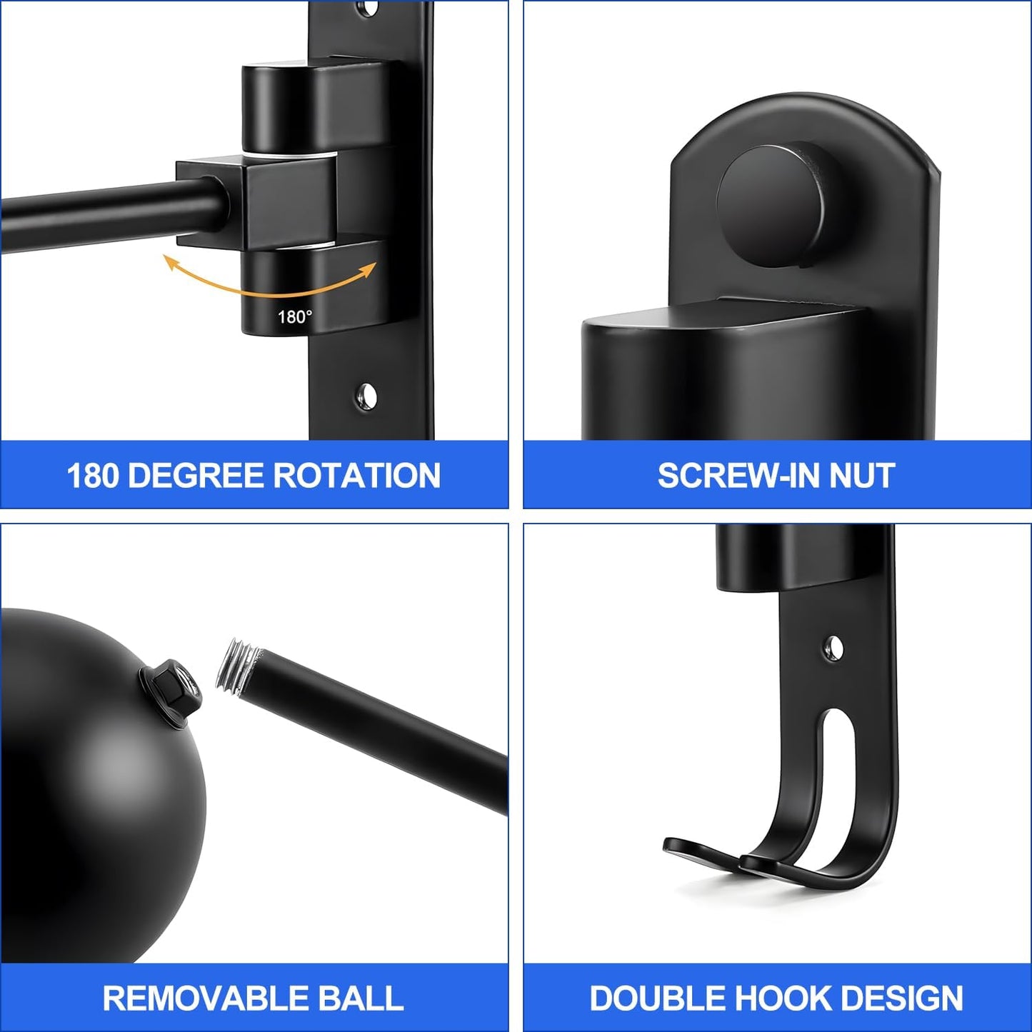 aiGear Motorcycle Helmet Holder, 180°Rotatable Motorcycle Helmet Rack with Double Hooks, Space Aluminum Motorcycle Helmet Holder Wall Mount for Motorcycle Bike Coats, Baseballs, Rugby Helmet (1 Pack)