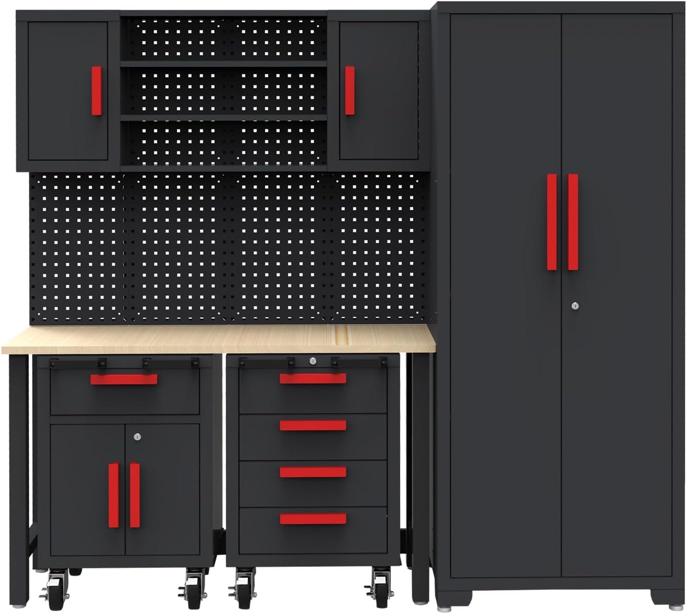 Red Garage Cabinet Storage System 6-Pcs Workshop Set Garage Cabinet and Storage System for Tool Organization