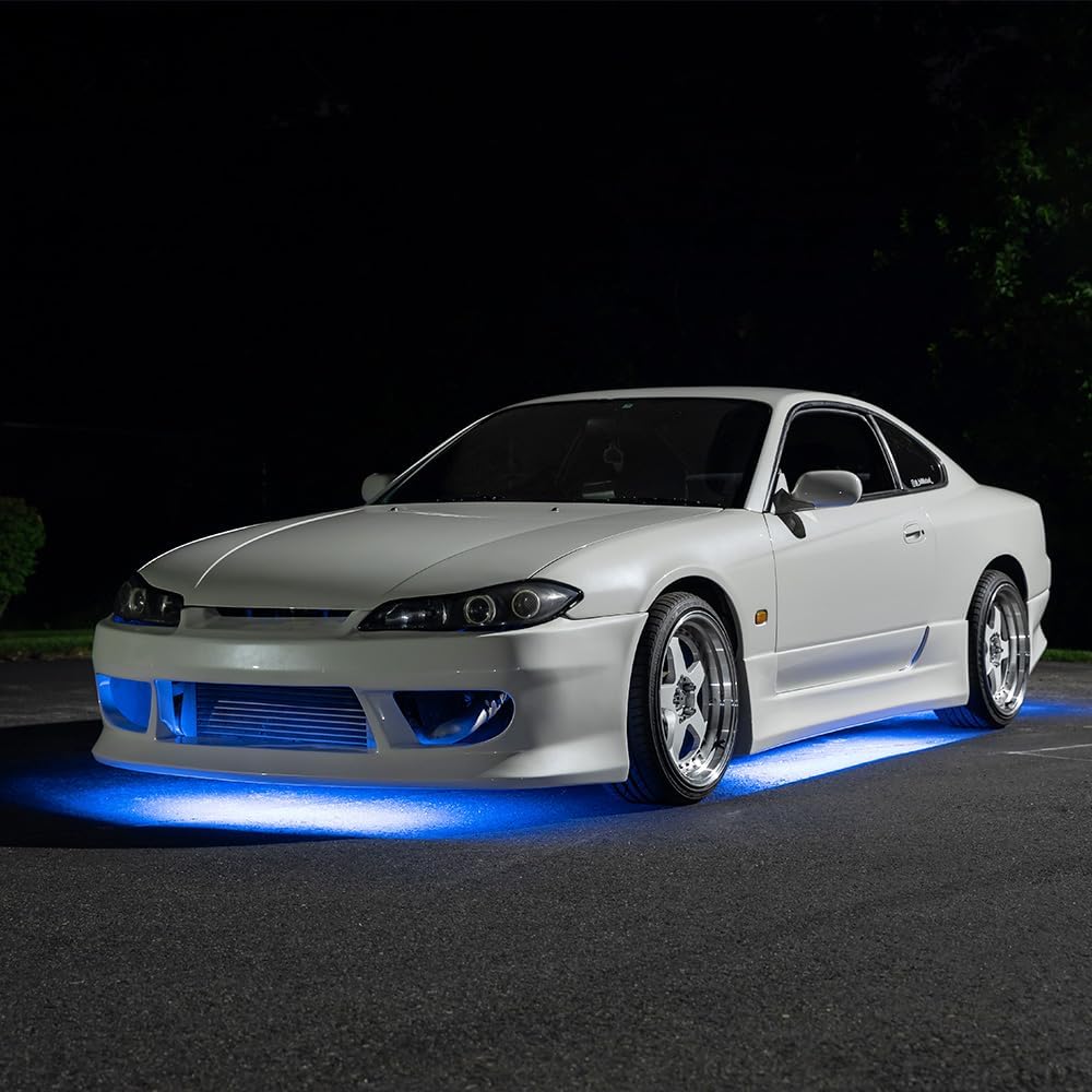 LEDGlow 4pc Blue LED Flexible Car Slimline Underbody Underglow Accent Neon Lighting Kit - 4 Unique Patterns - Water Resistant, Low Profile Light Tubes - Includes Control Box & Remote