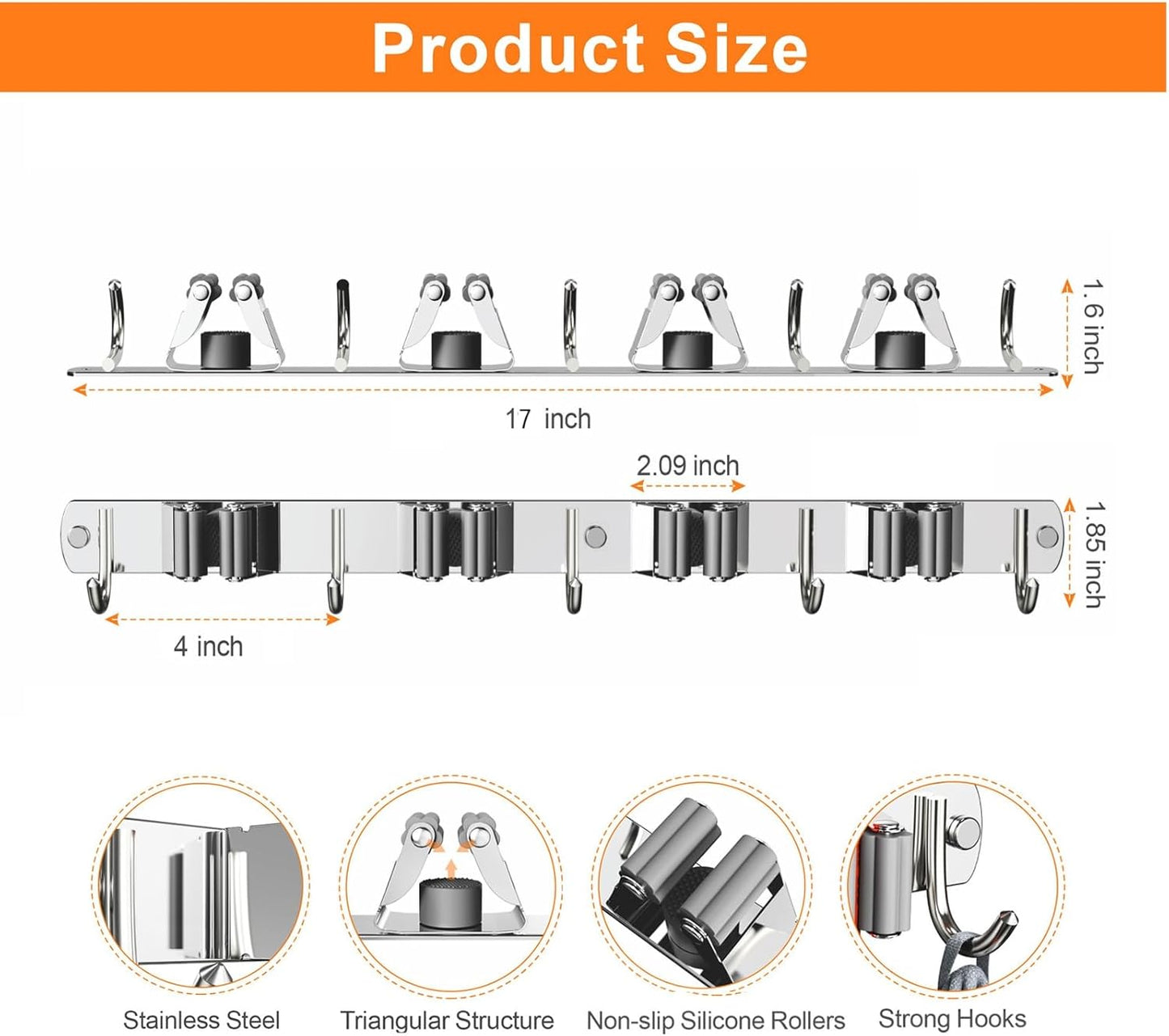 Mop and Broom Holder Wall Mount, Upgraded Broom Organizer Wall Mount, Stainless Steel Broom Hanger Wall Mount for Home Kitchen Garden Laundry Garage (4 Racks with 5 Hooks Silver)