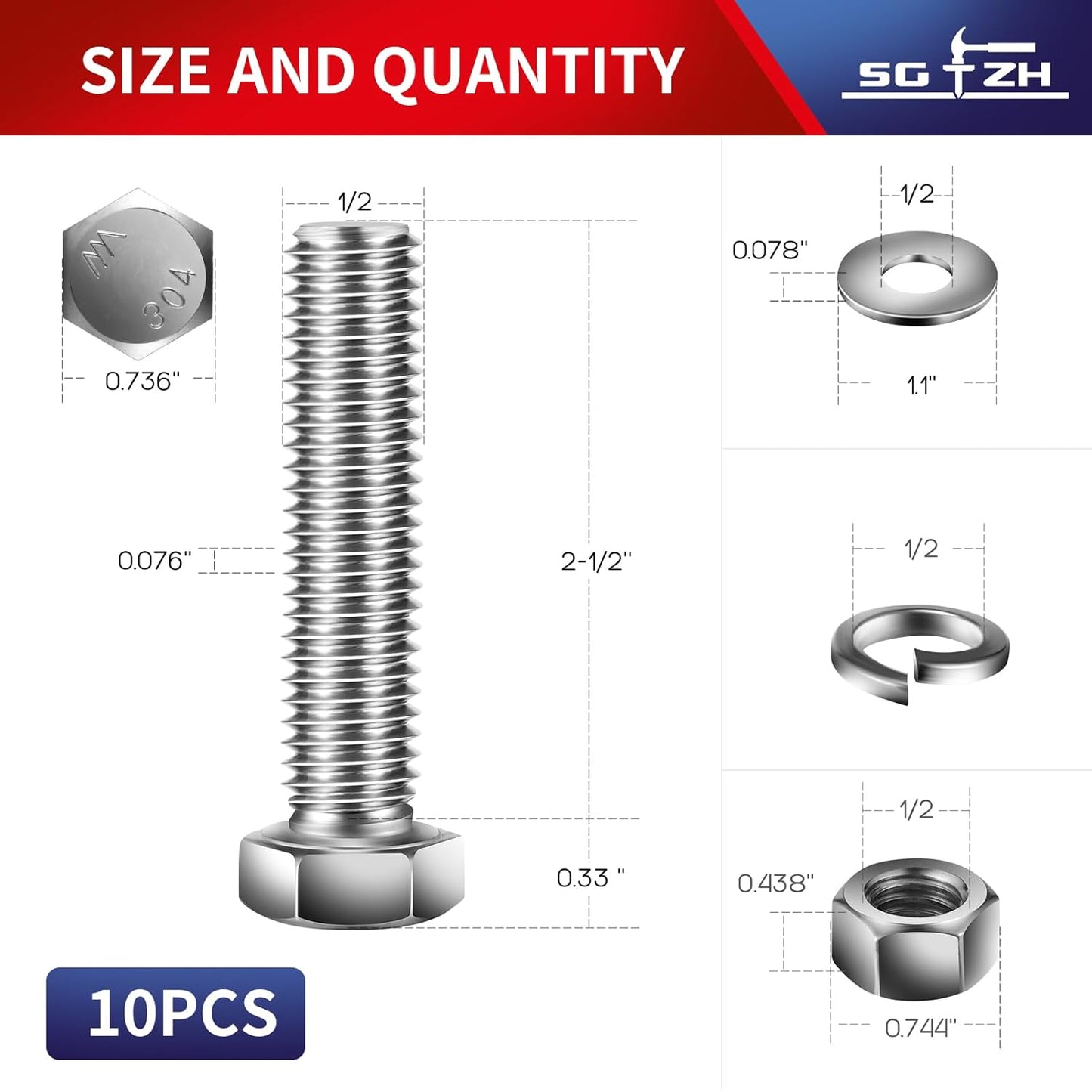 1/2-13 x 2-1/2" Hex Head Screw Bolt, Nuts, Flat & Lock Washers, 10Pcs 18-8 (304) Stainless Steel, Fully Threaded, by SG TZH