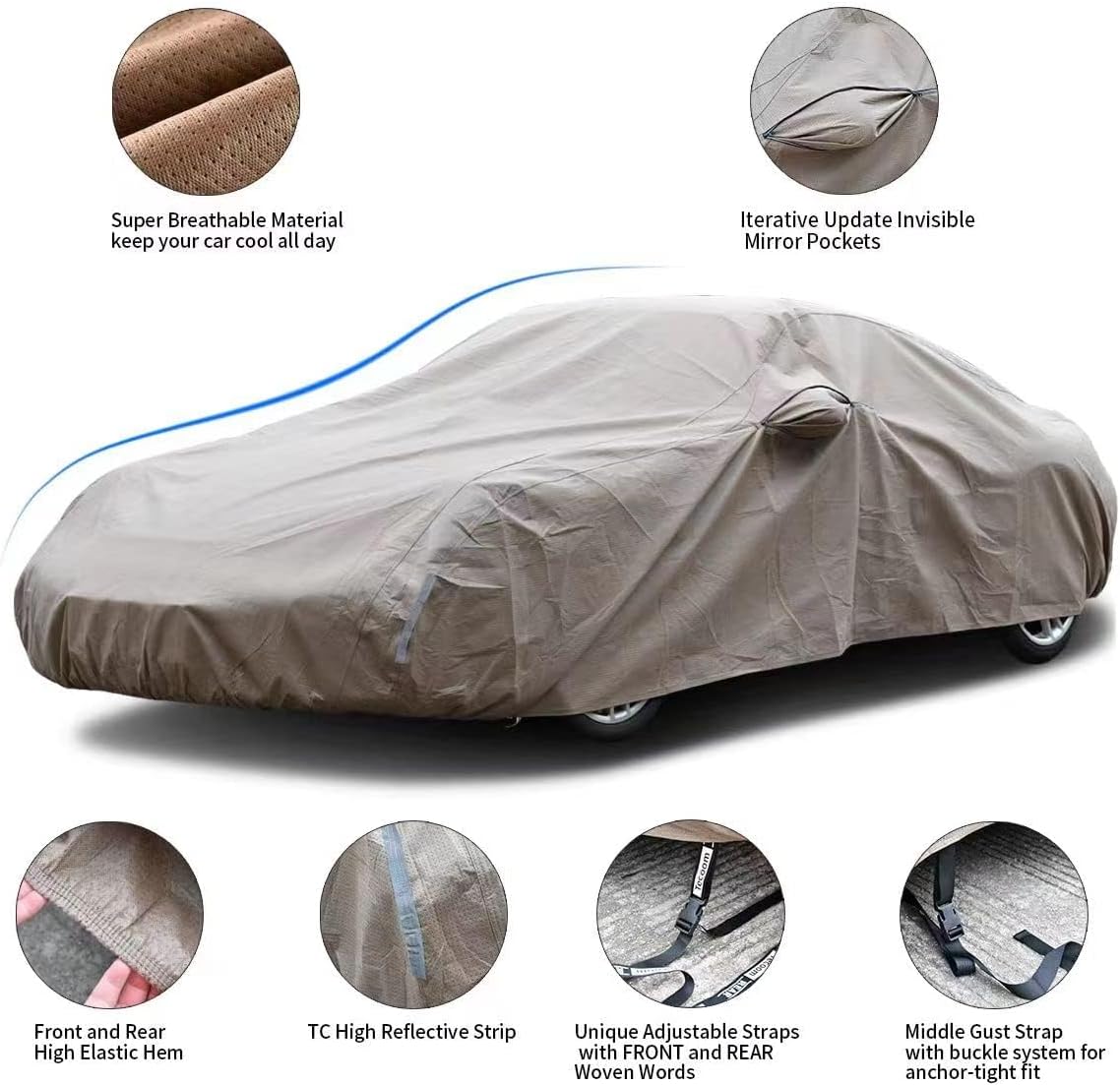 Tecoom Car Cover Waterproof All Weather,Non-Woven Breathable Outdoor Car Covers for Automobiles w/Zipper Pockets Sun Uv Wind Hail Protection Full Cover Universal Fit Mercedes Chevrolet (183-192 Inch)
