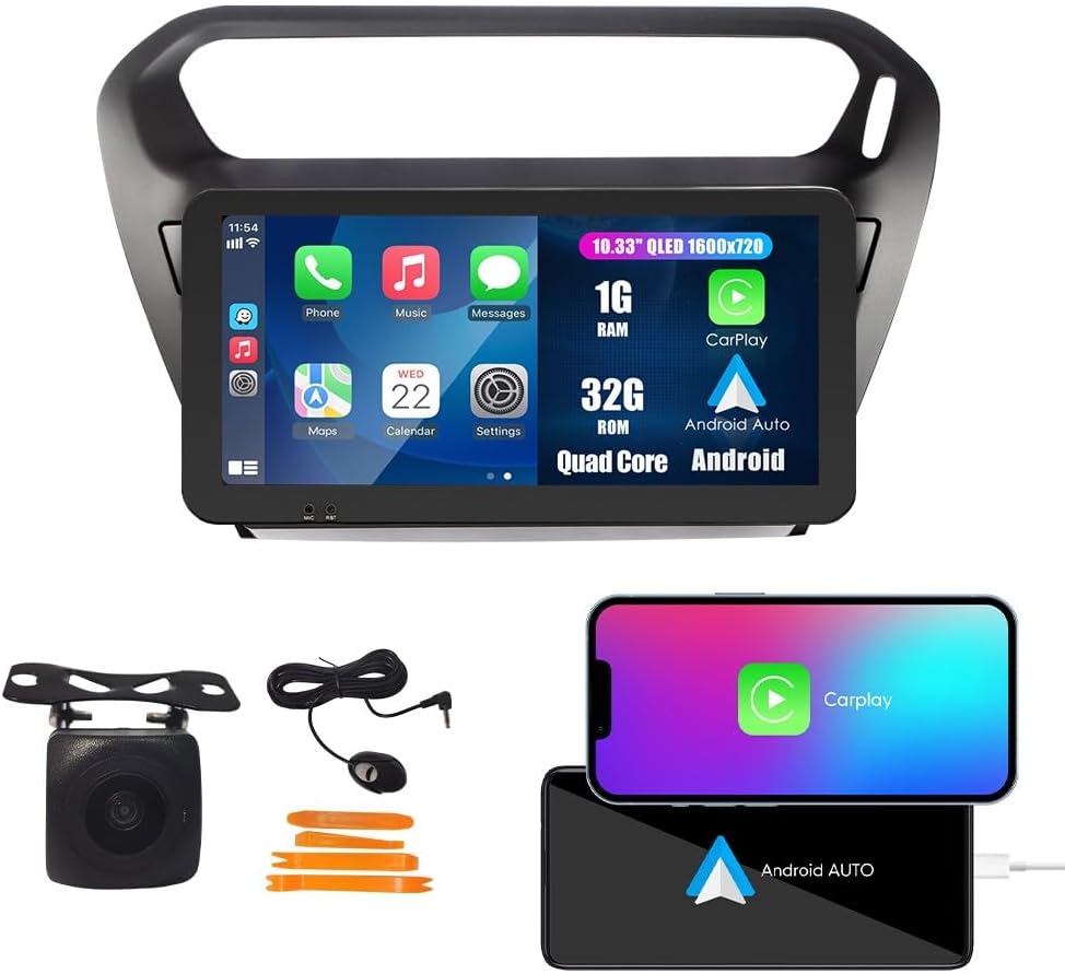 Kunfine Car CarPlay Android Auto Navigation Stereo GPS Radio Camera Display 10.33" QLED Touchscreen Headunit Tablet Media Player for Peugeot 301 2013-2022, if Applicable Quad Core 1G+32G Matte Black