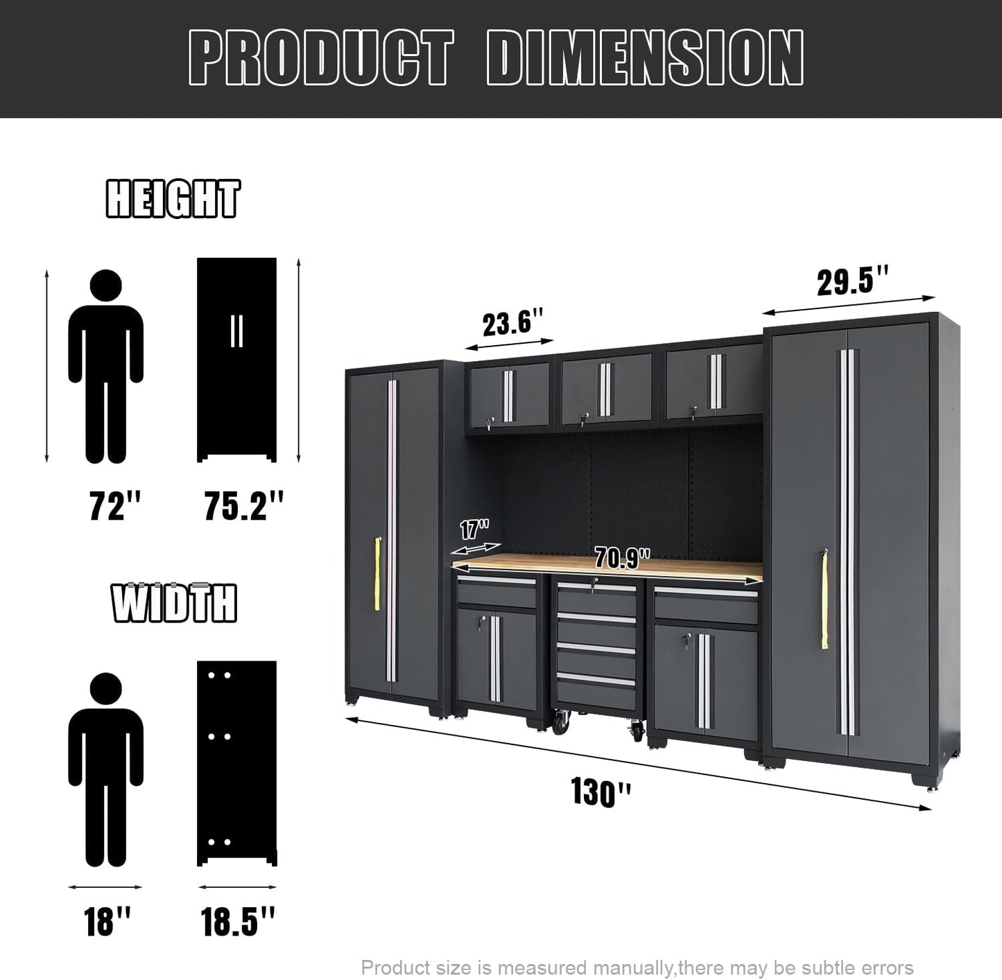 Garage Storage Cabinet System 9-Pcs Workshop Set Garage Cabinets and Storage System with Steel Cabinet Drawers, Rolling Chest, Workbench, Pegboard for Garage Tool Organization, Black and Grey