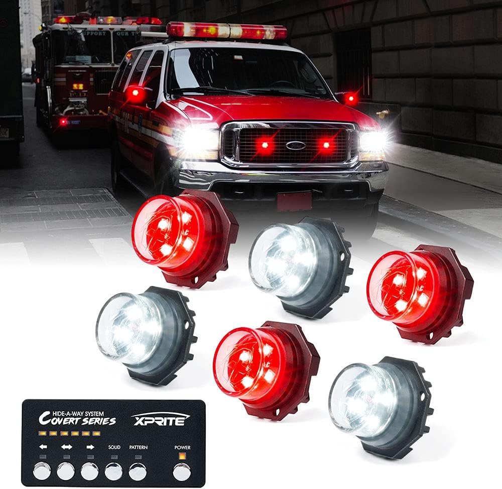 Xprite White Red LED Hideaway Strobe Lights Kit, 20 Flashing Patterns w/Control Panel Headlights Taillights Fog Light Interior Mounting, for Emergency Vehicles Firefighter Cars Trucks SUV 6PCS
