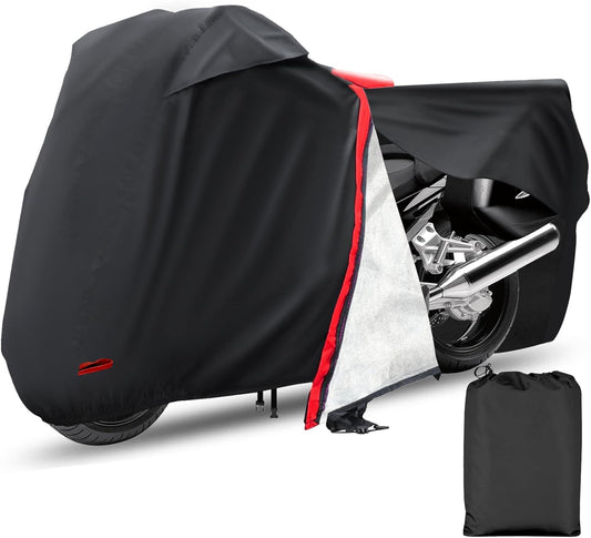 Motorcycle Cover,Waterproof Zipper Outdoor Cover for All Seasons Windproof, High Heat Resistance Dustproof and Rainproof Snowproof(Red Zipper L Fits Up to 91 inch)
