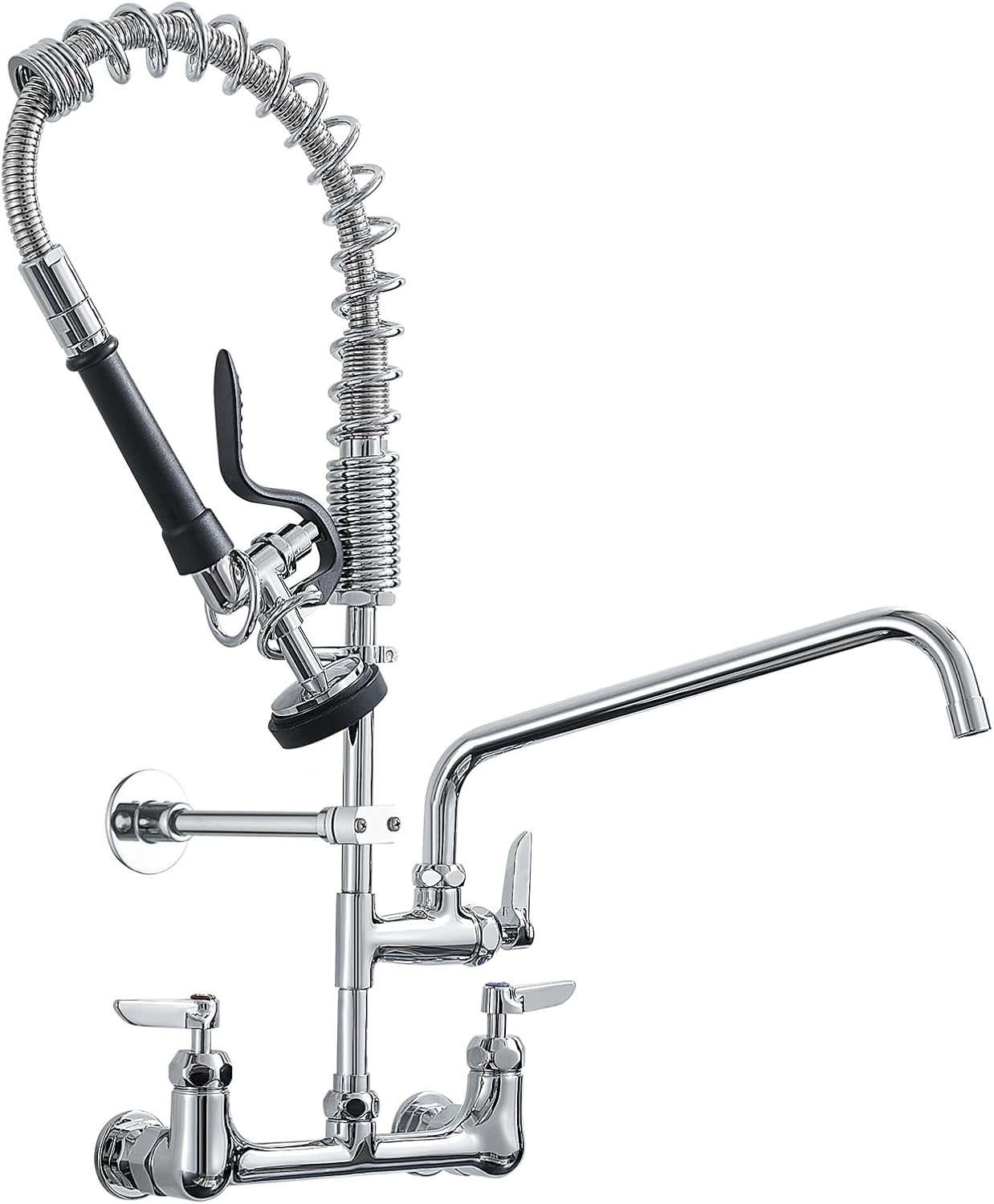 Fapully Commercial Kitchen Faucet,Wall Mount Kitchen Sink Faucet with Pre-Rinse Pull Down Sprayer,25‘’ Height 8'' Center 3 Compartment Sink Faucets with 12.2'' Swing Spout Chrome