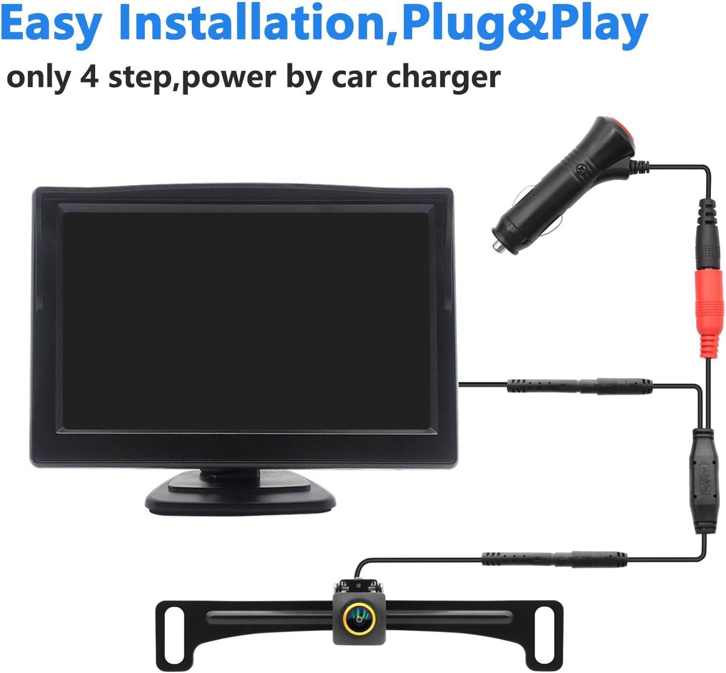 Wired Backup Camera for Truck 5 '' AHD 1080P Front Rear View Monitor KIT 2K IP67 Waterproof Night Vision Reverse Camera for CAR, License Plate Back UP Reverse Camera for 12V Cars Sedan Truck Van SUV