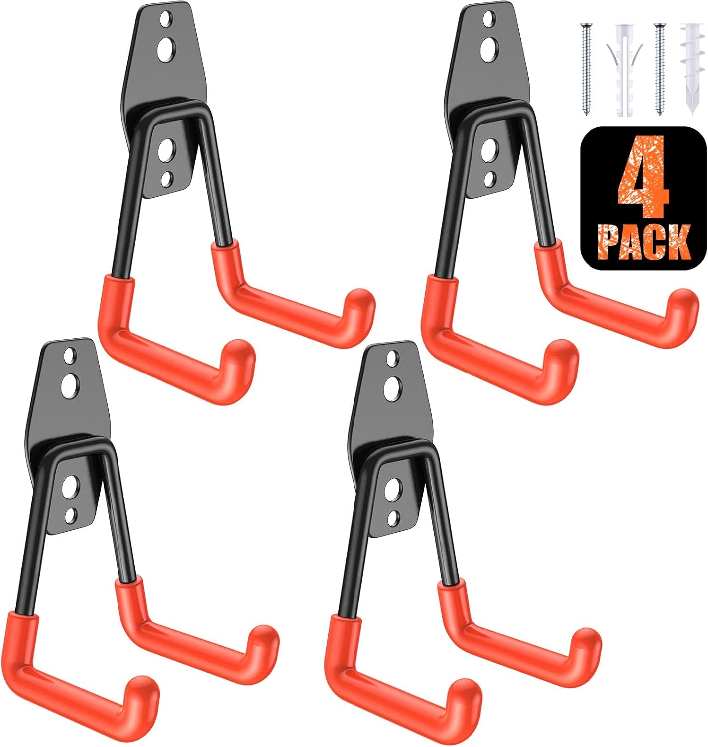 4 Pack 4.5x2.75 inch U Heavy Duty Garage Hooks,Solid Steel Wall Mount Hangers,with Anti-Slip Coating,for Hanging and Organising Ladder,Bike,Ropes,Broom,Garden,Yard and Power Tools