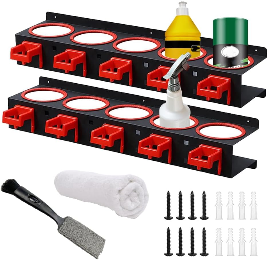 Wall Mounted Spray Bottle Holder, 2 Pack Spray Can Holder, Spray Bottle Storage Rack, Garage Bottle Organizer with Car Cleaning Brush Kit, Aerosol Can Organizer for Garage Car Beauty Accessory