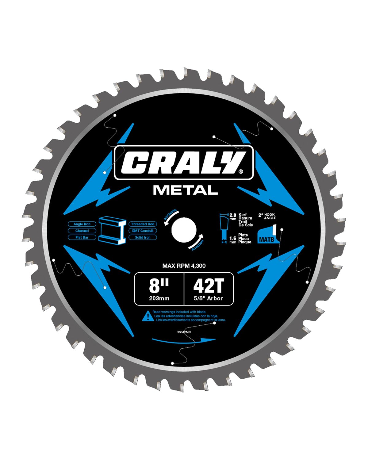 CRALY 8 Inch 42 Teeth Steel and Ferrous Metal Cutting Circular Saw Blade, 5/8 Inch Arbor, Thin Kerf, Professional Carbide Tipped Blade for Angle Iron, Threaded Rod, EMT Conduit(C0842MC)