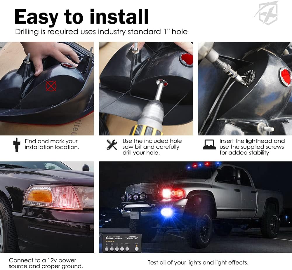 Xprite Red Blue LED Hideaway Strobe Police Lights Kit, 20 Flashing Patterns w/Control Panel for Headlights Taillights Hazard Warning Mounting, for Emergency Vehicles Volunteer Cop Cars Trucks 6PCS