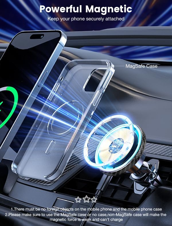 MOKPR for Magsafe Car Mount Charger-15W Wireless Car Charger-Magnetic Car Phone Holder for Dash Air Vent-LED RGB HandsFree Car Mount Fast Car Charger for iPhone 14/13/12 Series Carbon Fiber