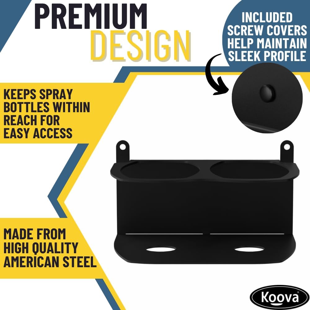 Koova Spray Bottle Holder Heavy Duty- Wall Mount Storage Rack for 2 Spray Bottles, Utility Shelf with Included Hardware - Made in USA, Sturdy Metal Organizer for Efficient Kitchen and Garage Storage