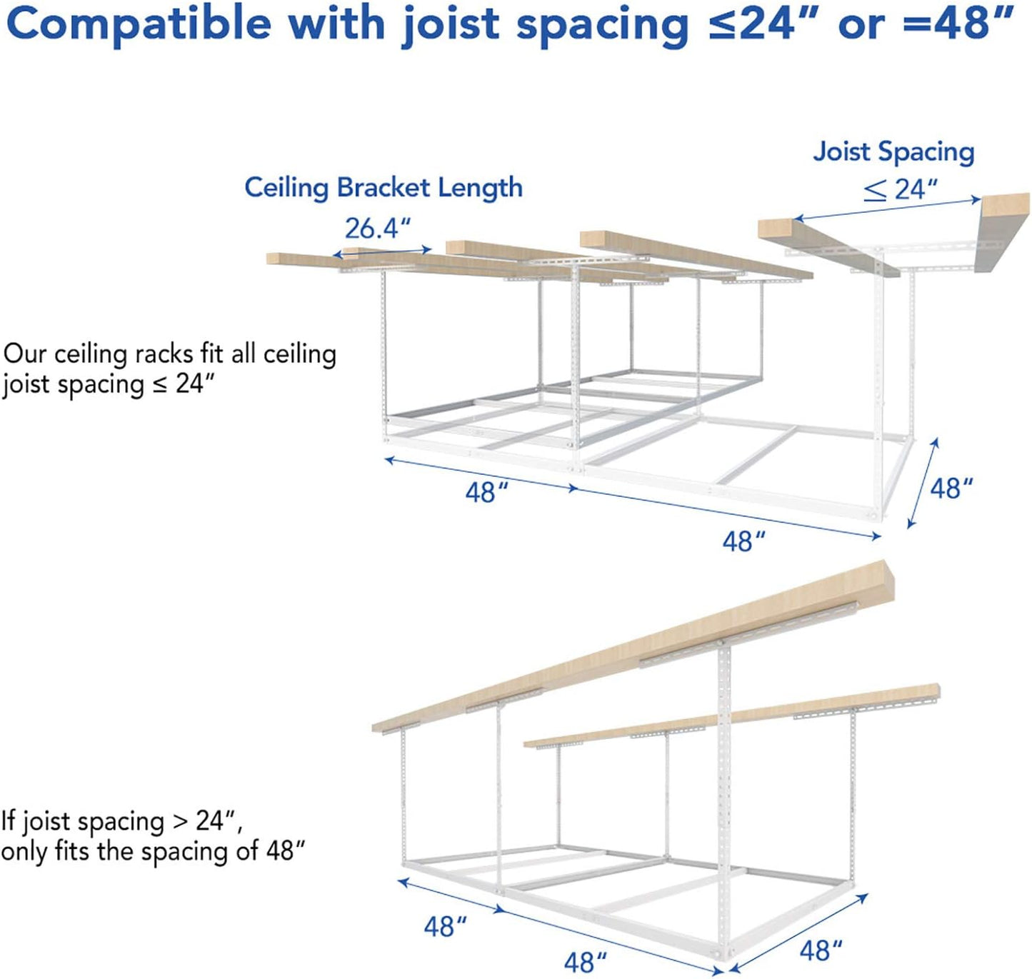 FLEXIMOUNTS 4x8 Overhead Garage Storage Rack without Decking, Garage Storage Organization System, Heavy Duty Metal Ceiling Storage Racks, 600lbs Weight Capacity, White