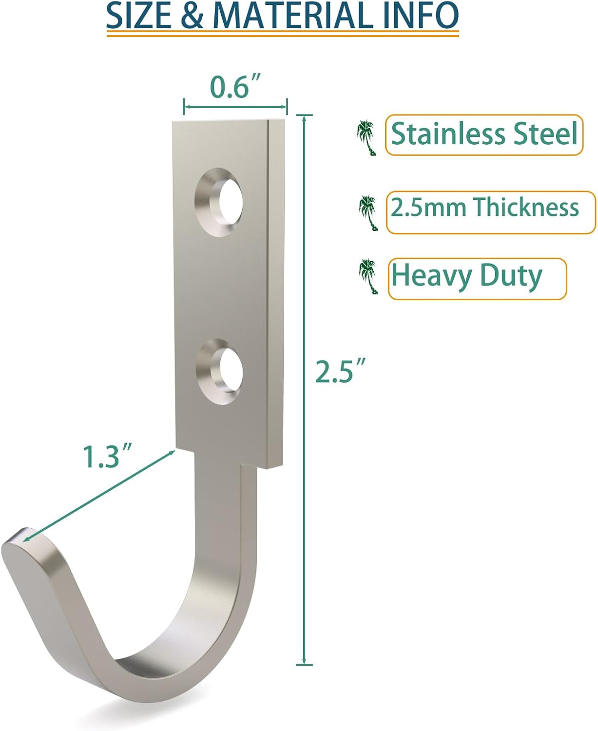 Hooks for Hanging Stainless Steel Heavy Duty Coat Hook Wall Hooks Robe Hanger Hooks Hanging Hat Key Holder for Towel, Bag Indoor Outdoor (Silver-Square-2 Hole, 2.5x1.3inch,8pcs)