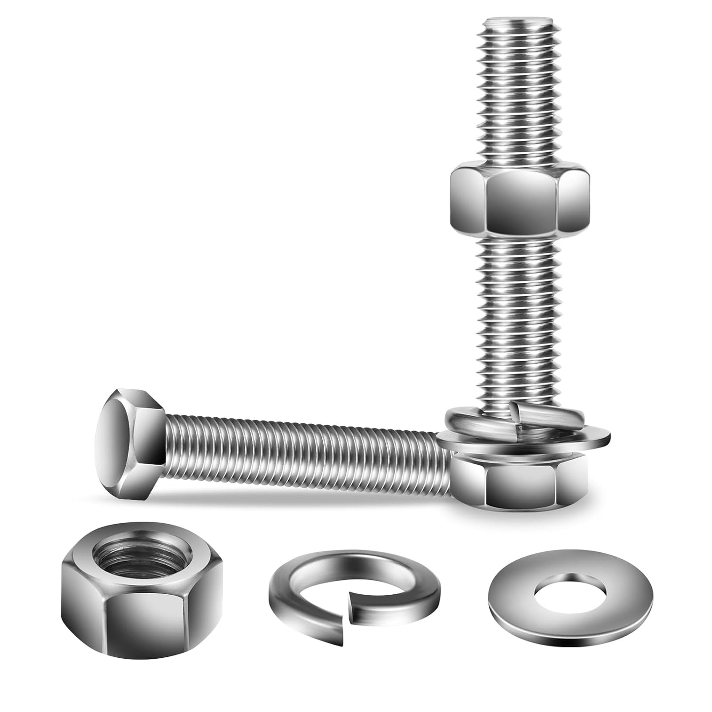 1/4-20 x 3-1/2" Hex Head Screw Bolt, Nuts, Flat & Lock Washers, 20Pcs 18-8 (304) Stainless Steel, Fully Threaded, by SG TZH