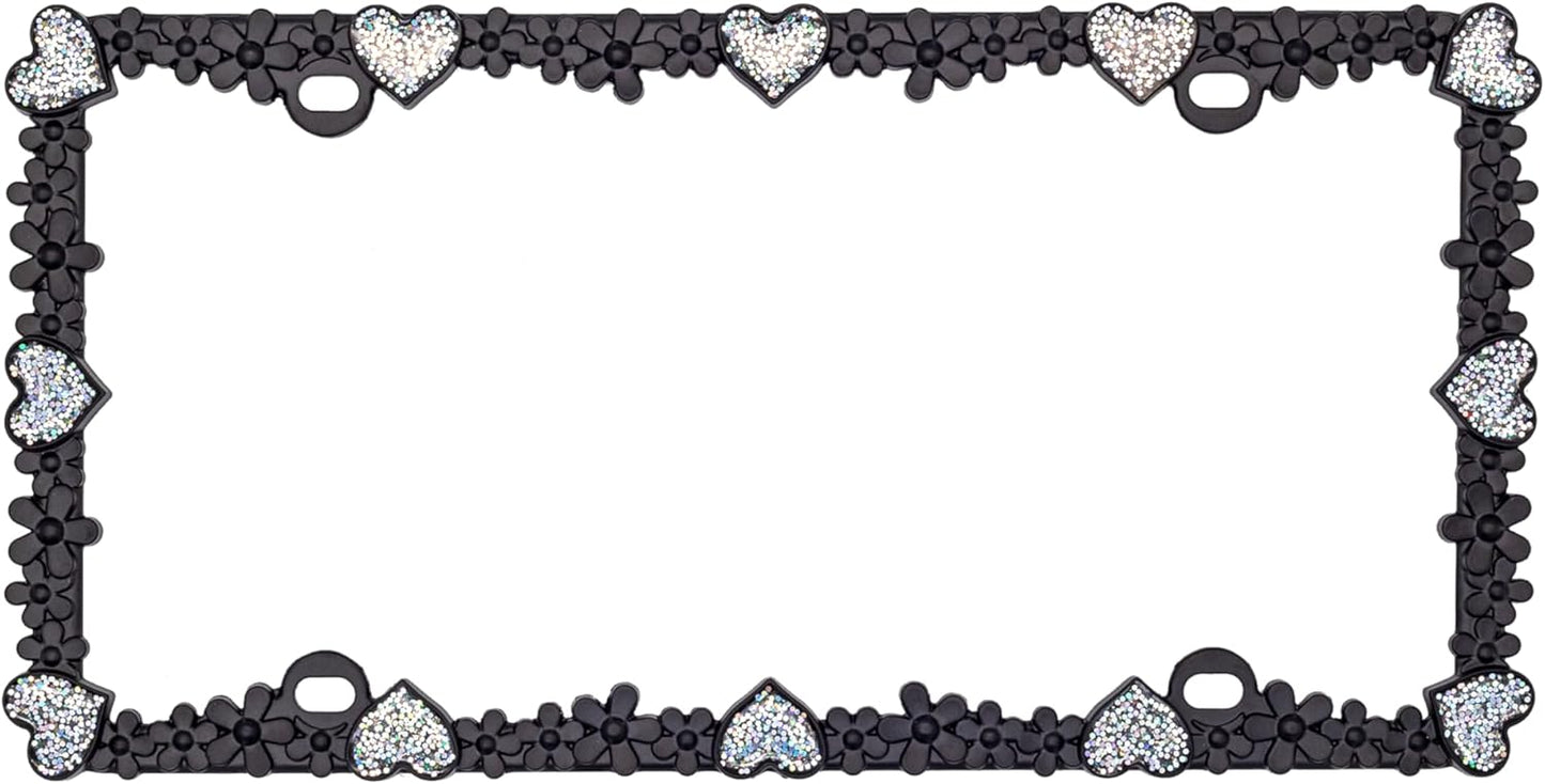 Creathome 3D Shining Daisy Heart License Plate Frame from Pure Zinc Alloy Metal Perfect Plate Holder, Matt Black with Silver Glitter Luminously Heart