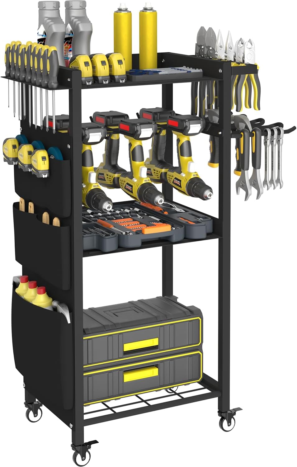 Artibear 4-Tier Rolling Power Tool Organizer Storage Cart, Garage Organization on Wheels Tool Cart with Drill Set Rack Shelf, Mechanic Utility Cart for Workbench & Outdoors Working, Gift for Men Dad