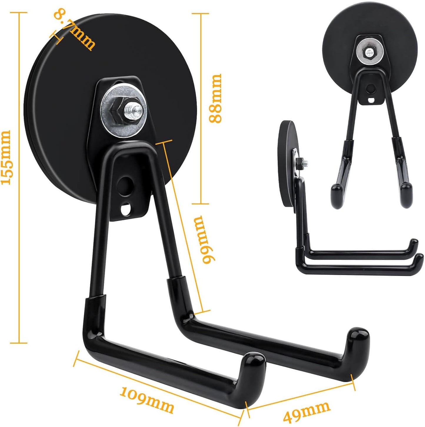 MIN CI 2 Pack Magnetic Hooks, 3.46" (88 mm) Heavy Duty, Black, Neodymium & Rubber, 35 lbs Max Weight, Industrial Style, Garage, Workshop, Kitchen, Pegboard, Metal Cabinets