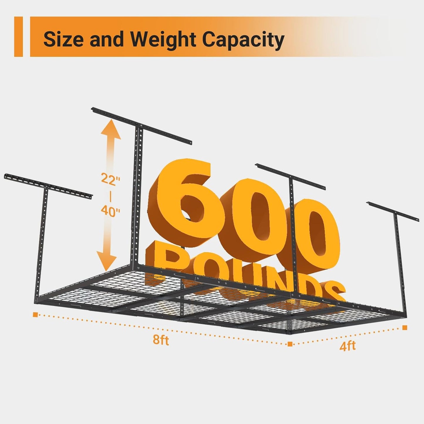 4ftx8ft Overhead Garage Storage Rack, Heavy-Duty Metal Garage Ceiling Storage Rack, 22''-40" Adjustable Ceiling Drop-Down, 600 lb. Loading Weight Capacity, Black