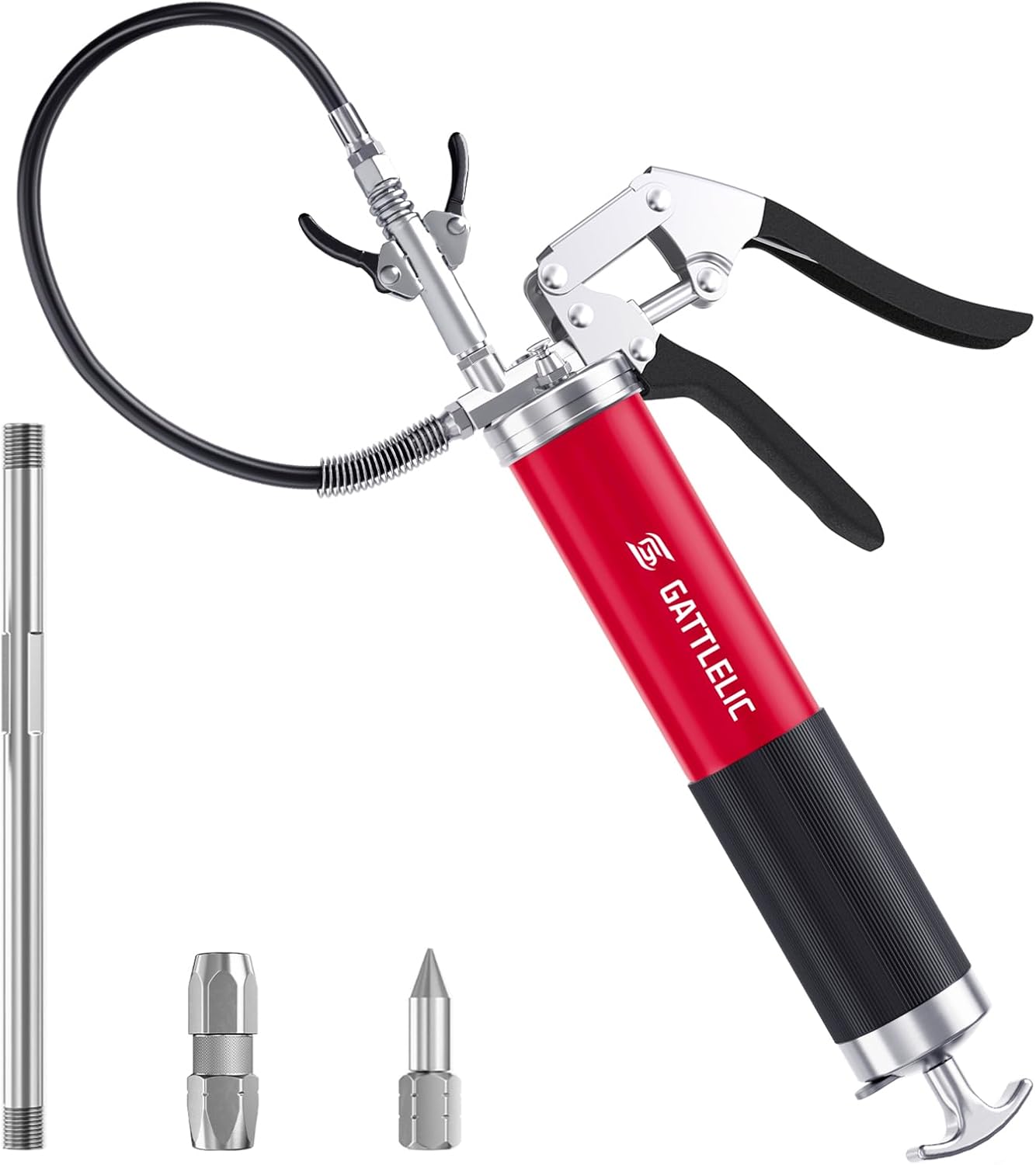 Heavy Duty Grease Gun Kit, 8000 PSI Professional Pistol Grip 14 oz Load with 12" Flex Hose, Locking Coupler, Extension Pipe, and Sharp Nozzle,Red(Upgrade)