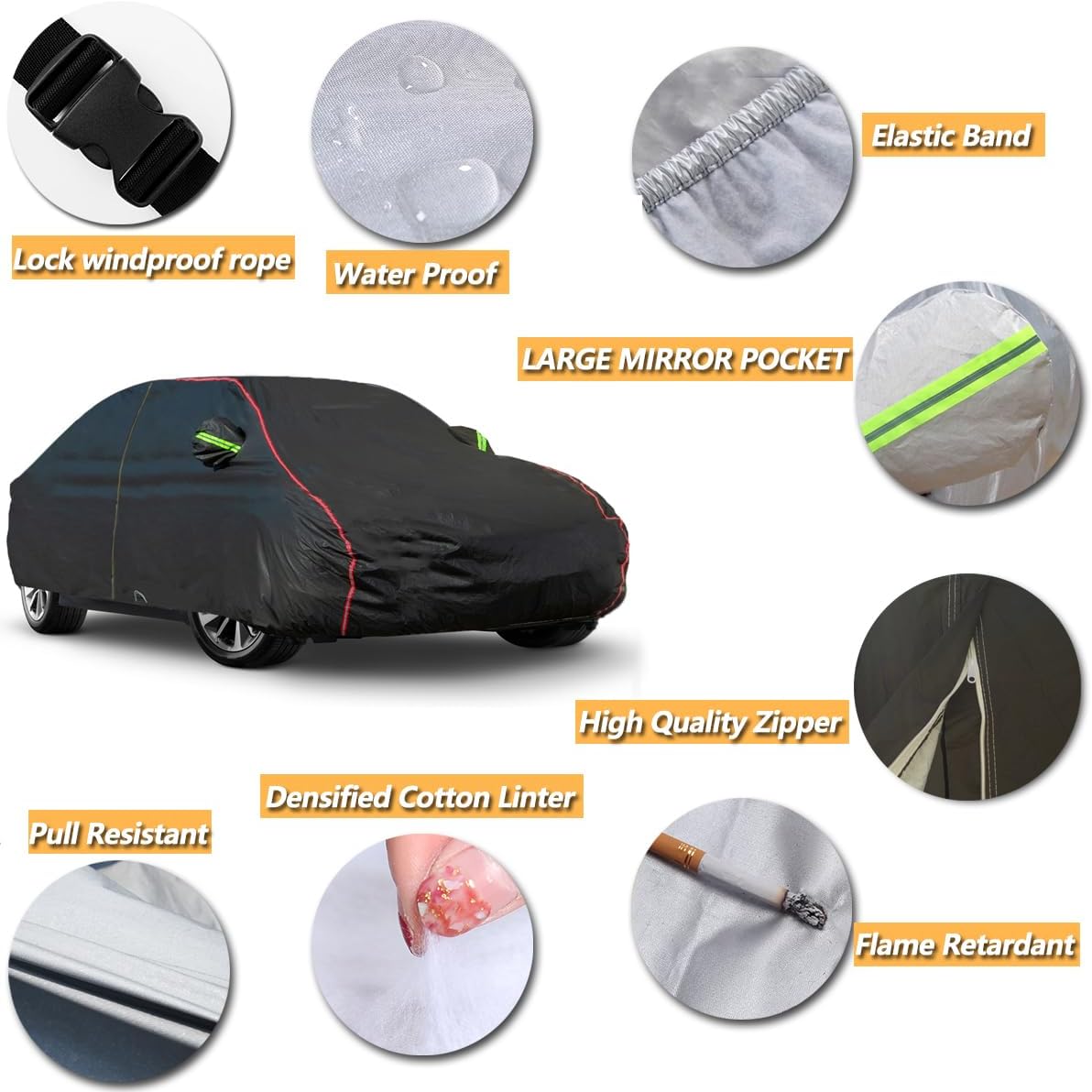 AUQDD 6-Layers PEVA New Material Sedan SUV Full Padded Car Cover Waterproof All Weather Weatherproof UV Sun Protection Snow Dust Storm Resistant Outdoor Exterior Custom Form-Fit Straps 188"-198"Black