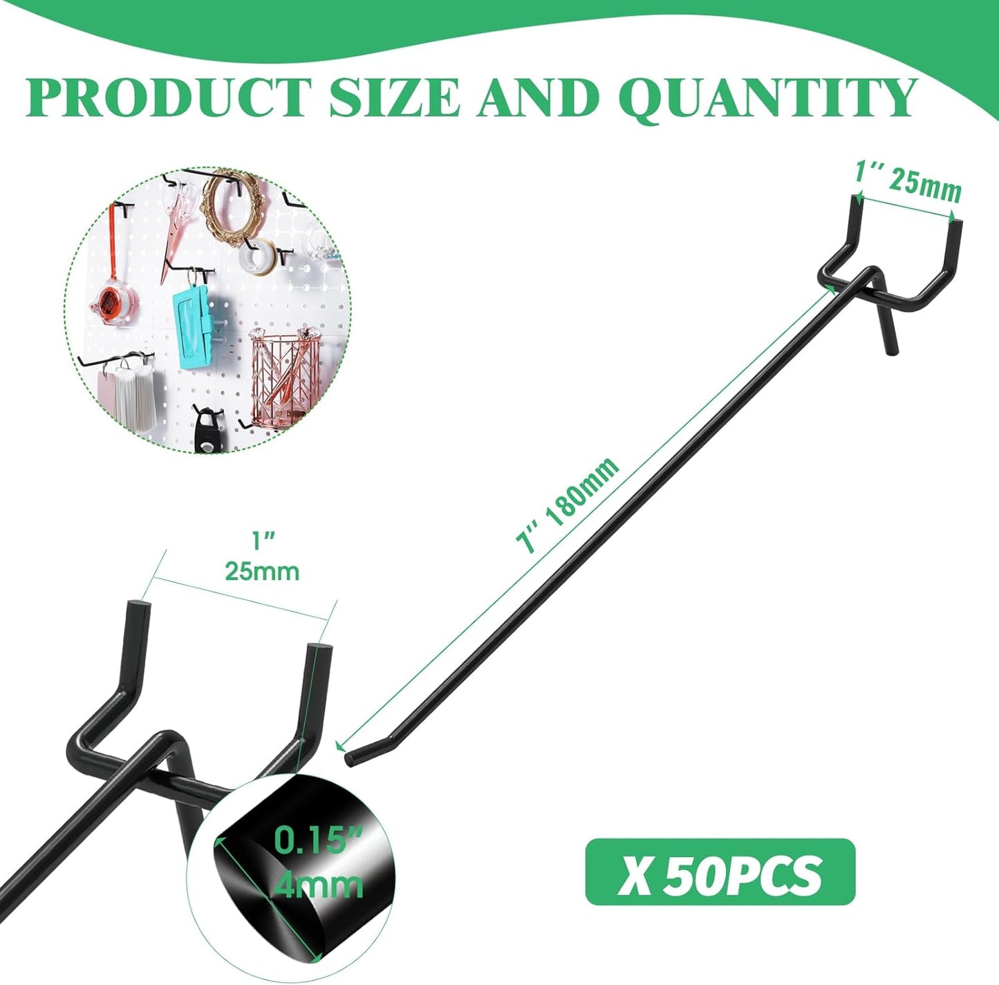 50Pcs 8"/20CM Pegboard Hooks Assortment Set, Metal Peg Board Hooks with 2.5mm Hole Pitch 4mm Wire Diameter Slatwall Hanging Hook for Garage Organization Wall Hanging (Black)