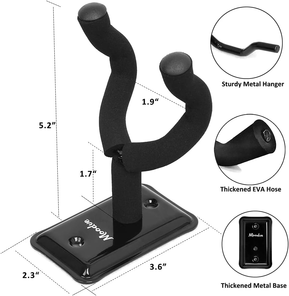 Guitar Wall Mount Hanger, 4-Pack Real Hardwood Guitar Hanger for Wall, Guitar Hook Holder Stand for Bass Electric Acoustic Guitar Ukulele (Black Metal)