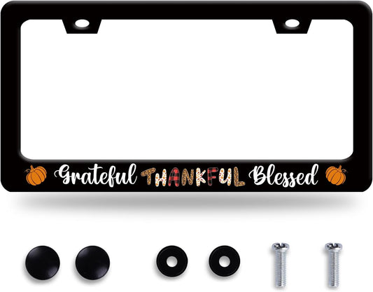 Grateful Thankful Blessed License Plate Frame Thanks Giving License Plate Frames Stainless Steel Accessories Cars Decor with 2 Holes and Screws Fits Standard US CA Vehicles Size 12.2 x 6 Inches