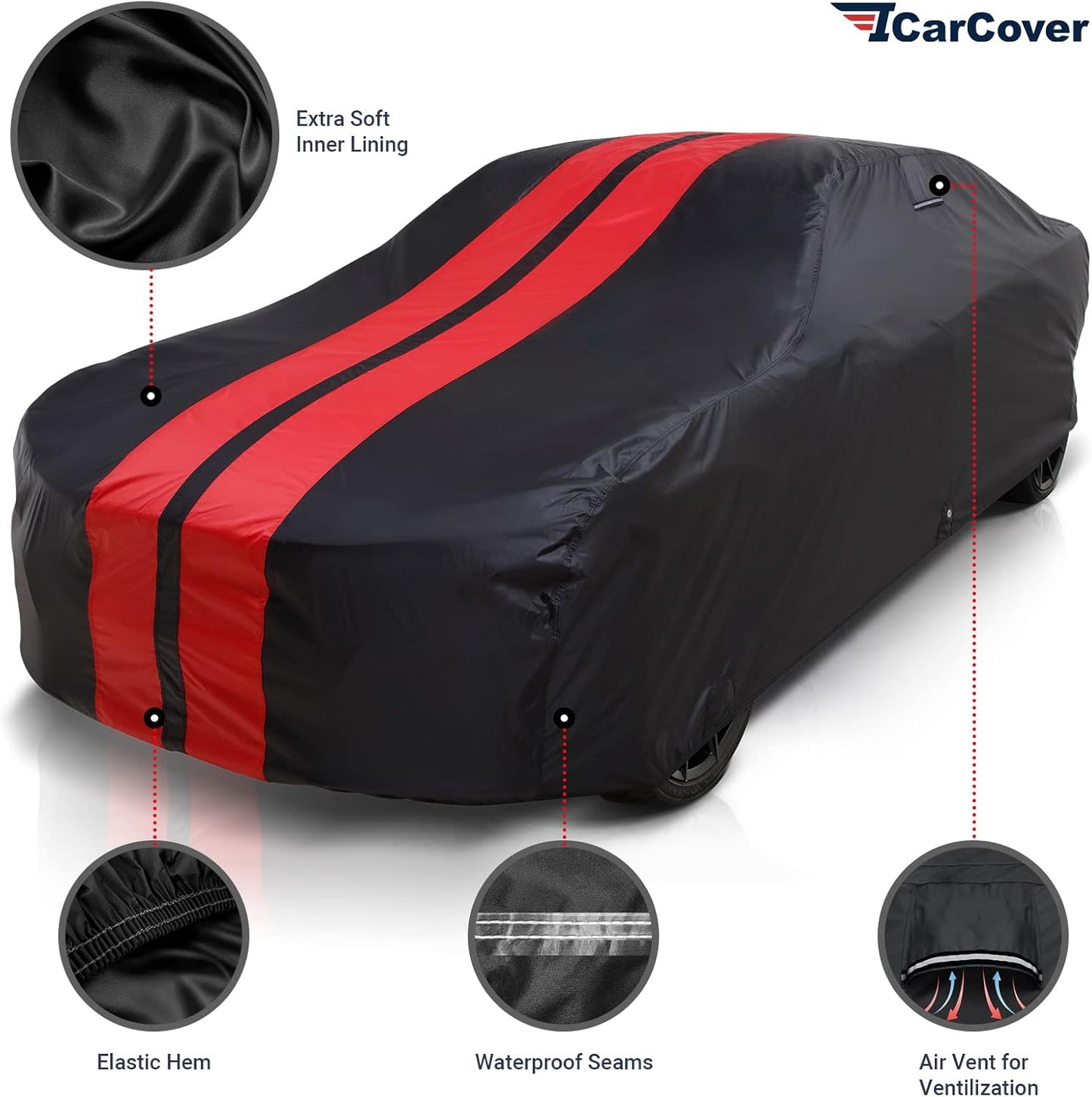 iCarCover Custom Car Cover for 1979-2004 Ford Mustang Waterproof All Weather Rain Snow UV Sun Protector Full Exterior Indoor Outdoor Car Cover (Stripe - Black/Red)