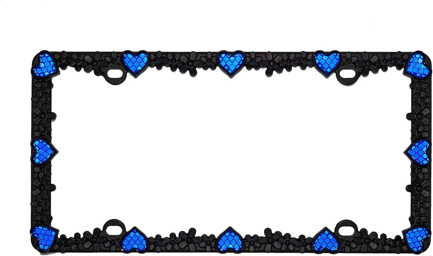 Creathome 3D Daisy Heart License Plate Frame from Pure Zinc Alloy Metal Perfect Plate Holder, Matt Black Daisy with Blue Reflective Heart