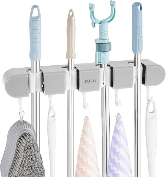 2Pcs Broom Mop Holder with Hooks Wall Mounted Broom Storage Rack No Drilling Self-Adhesive Mop Broom Organizer Mop Holder Hanger for Bathroom Office Kitchen Closet Garage,Grey (2)