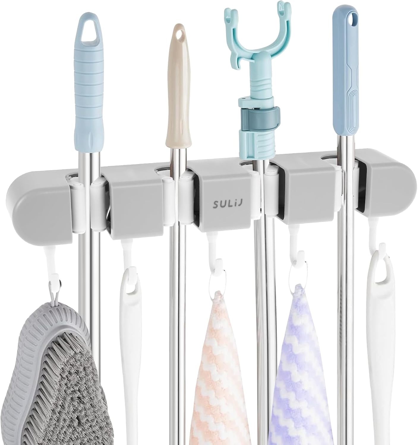 3PCS Broom Mop Holder with Hooks Wall Mounted Broom Storage Rack No Drilling Self-Adhesive Mop Broom Organizer Mop Holder Hanger for Bathroom Office Kitchen Closet Garage,Grey (3)