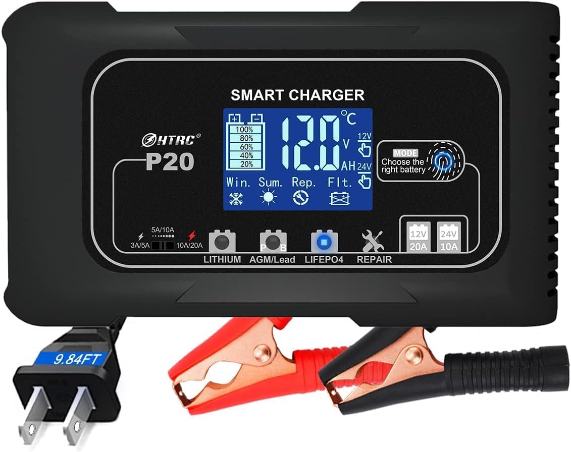 20Amp Smart Lithium Battery Charger, 12V and 24V, Lifepo4, Lead-Acid (AGM/Gel/SLA.) Car Battery Charger, Maintainer Cycle Charger Trickle Charger Battery Desulfator for Boat, Motorcycle