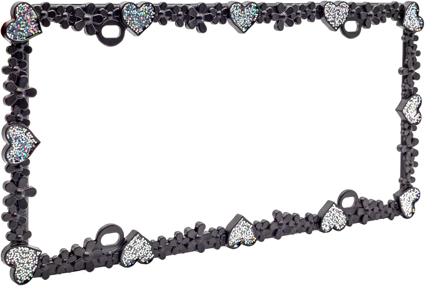 Creathome 3D Shining Daisy Heart License Plate Frame from Pure Zinc Alloy Metal Perfect Plate Holder, Matt Black with Silver Glitter Luminously Heart