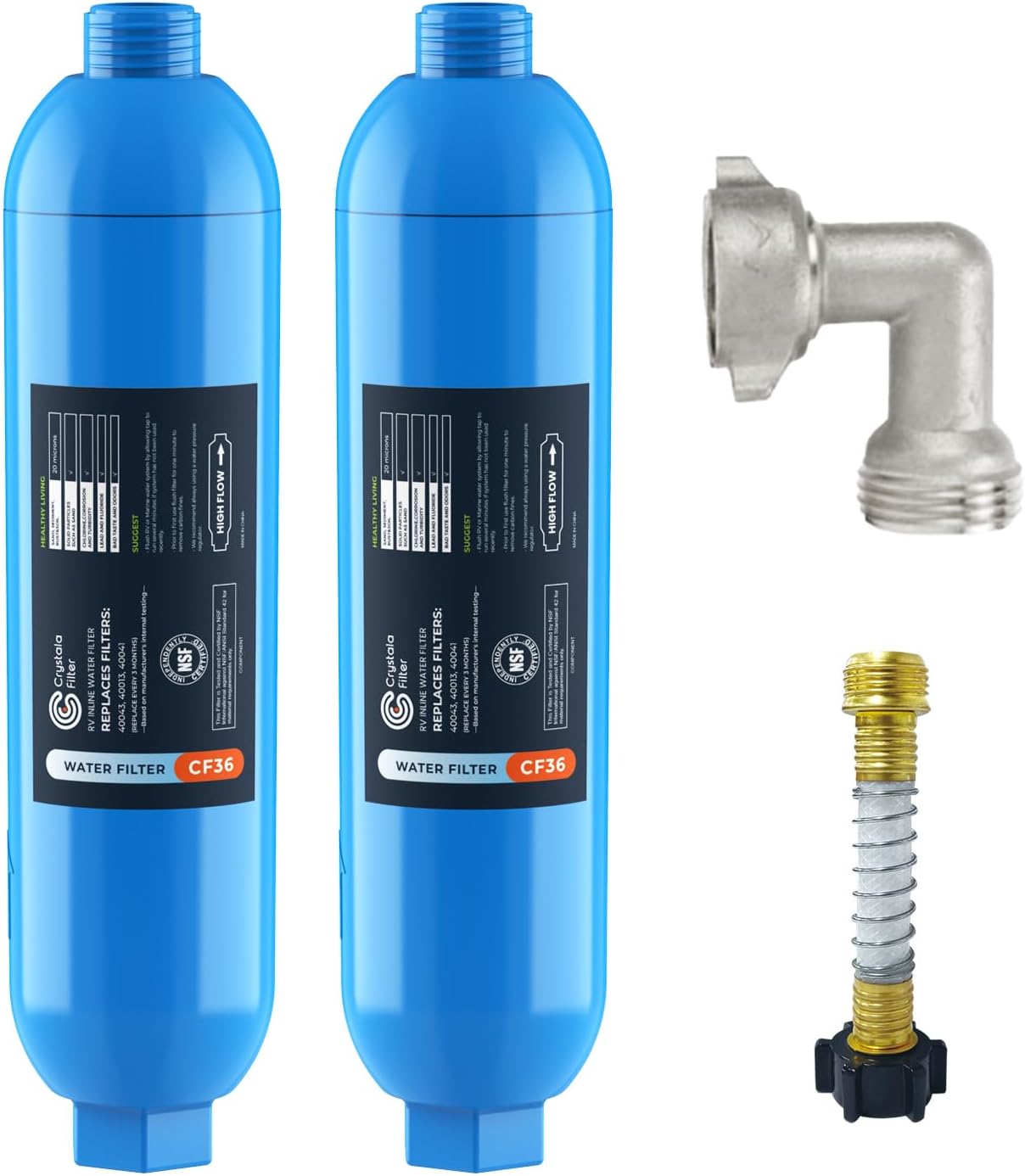 CRYSTALA RV/Camper Water Filter, Inline Water Filter Effectively Reduces Bad Taste, Odors, Chlorine and Sediment for RVs and Marines, 2 Pack Filter with 1 Flexible Hose Protector