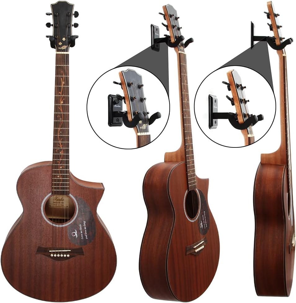 Guitar Wall Mount Hanger, 4-Pack Real Hardwood Guitar Hanger for Wall, Guitar Hook Holder Stand for Bass Electric Acoustic Guitar Ukulele (Black Metal)