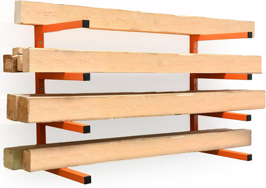 2 Pack Wood Organizer and Lumber Storage Rack Wall Mount, Heavy Duty Wood Storage Organizer Racks with 4-Level System for Garage, Workshop, Basement, Holds Up 220 LBS Per Level (Orange)