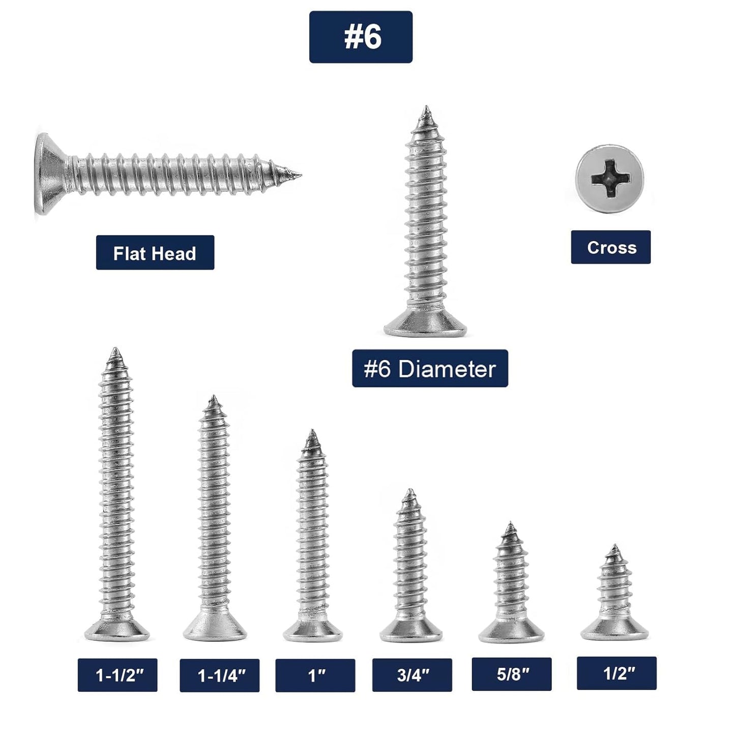 #6 x 1/2" Wood Screw 100Pcs 18-8 (304) Stainless Steel Screws Flat Head Phillips Fast Self Tapping Drywall Screws by SG TZH