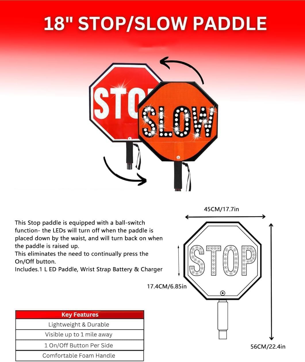 18" LED Stop/Slow Paddle, Reflective Hand Held Stop Sign with Handle, Steady/Flashing Light Modes