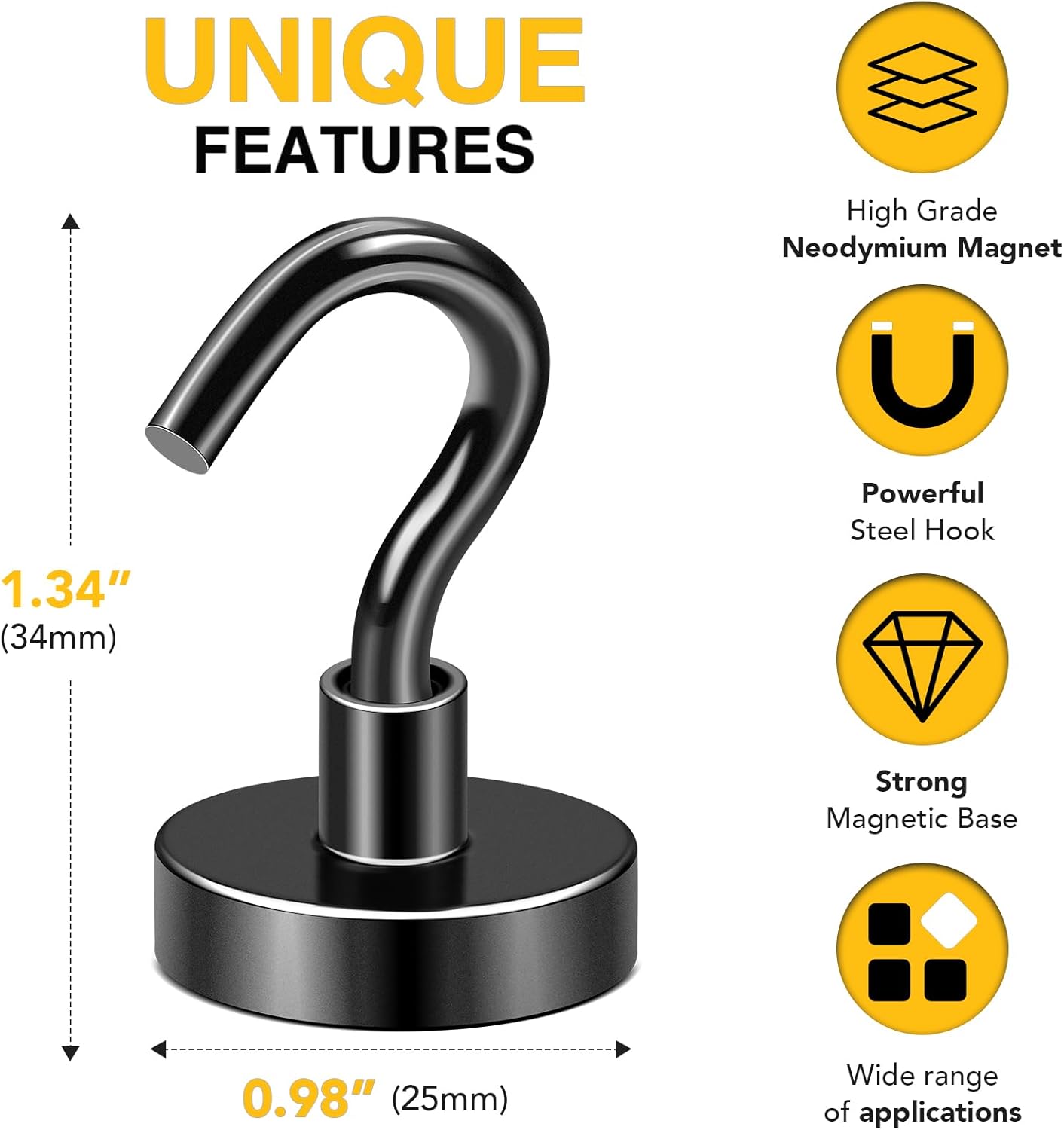 DIYMAG Black Magnetic Hooks, 80 LB Heavy Duty Strong Magnet with Hook, Rare Earth Neodymium Magnets for Hanging, Magnetics Hanger for Curtain, Home, Kitchen, Workplace, 20 Packs