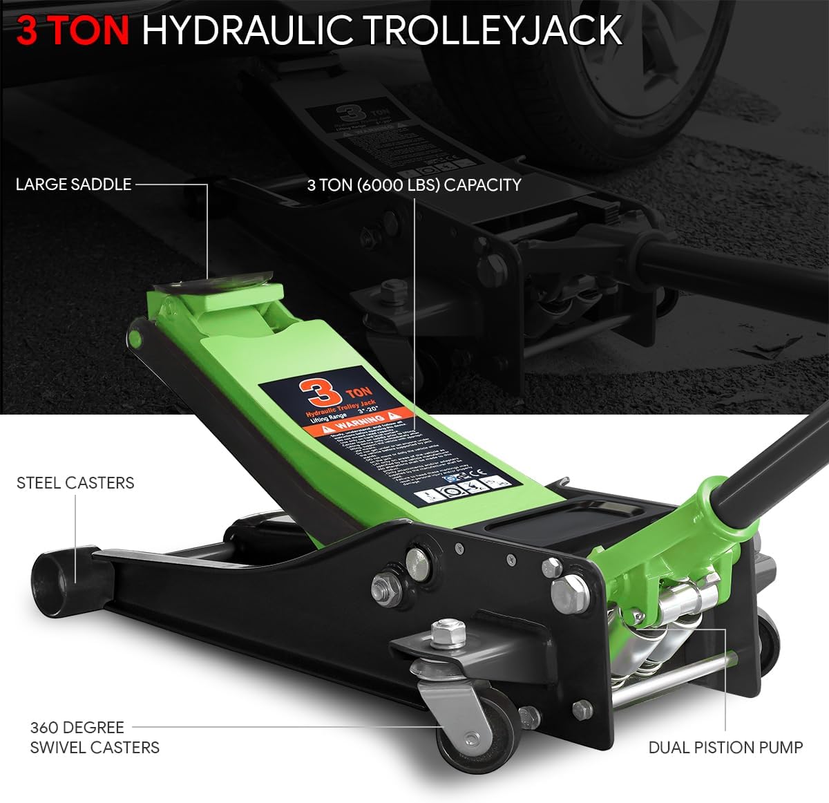 DNA MOTORING Low Profile Hydraulic Trolley Service/Floor Jack, 3 Ton (6000 lbs) Capacity Heavy Duty Hydraulic Car Jack, Lifting Range 3"-20", Green, TOOLS-00475-GR