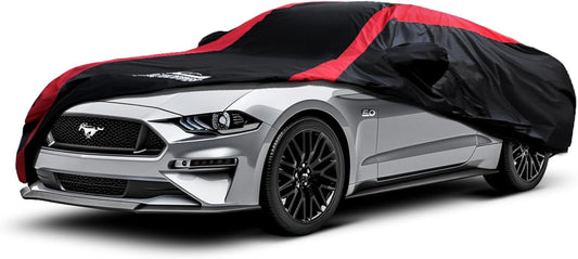 Mustang Car Cover Waterproof All Weather with Red Strip Design, Custom Fit for Ford Mustang 1994–2025, Mustang Accessory with Door Zipper & Windproof Straps