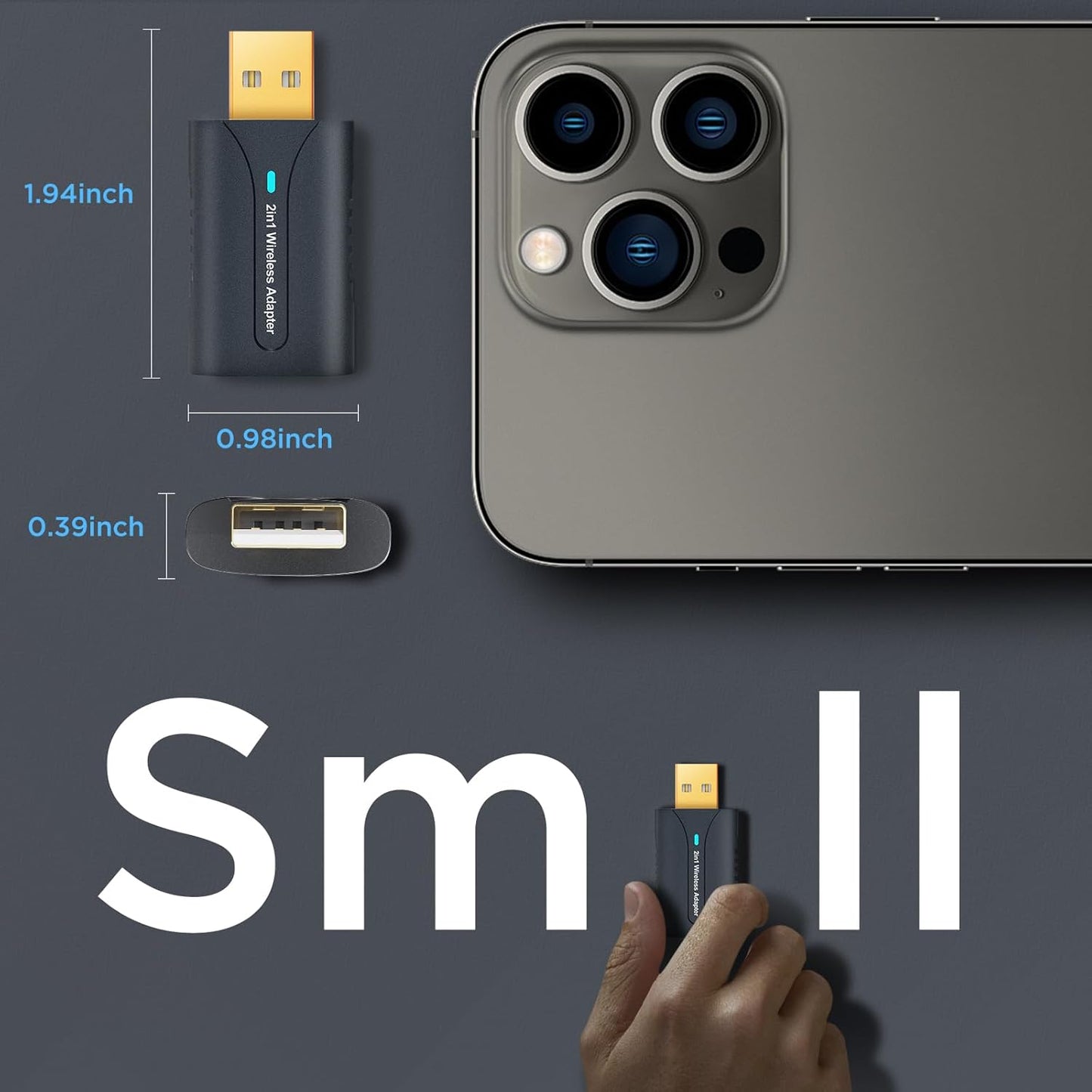 2in1 CarPlay Android Auto Wireless Adapter, Mini Car Play Cars Stick, Fast Auto Connection for OEM Wired CarPlay Car Model 2017 Above, for iPhone iOS 12 /Android 11 Above, Blue