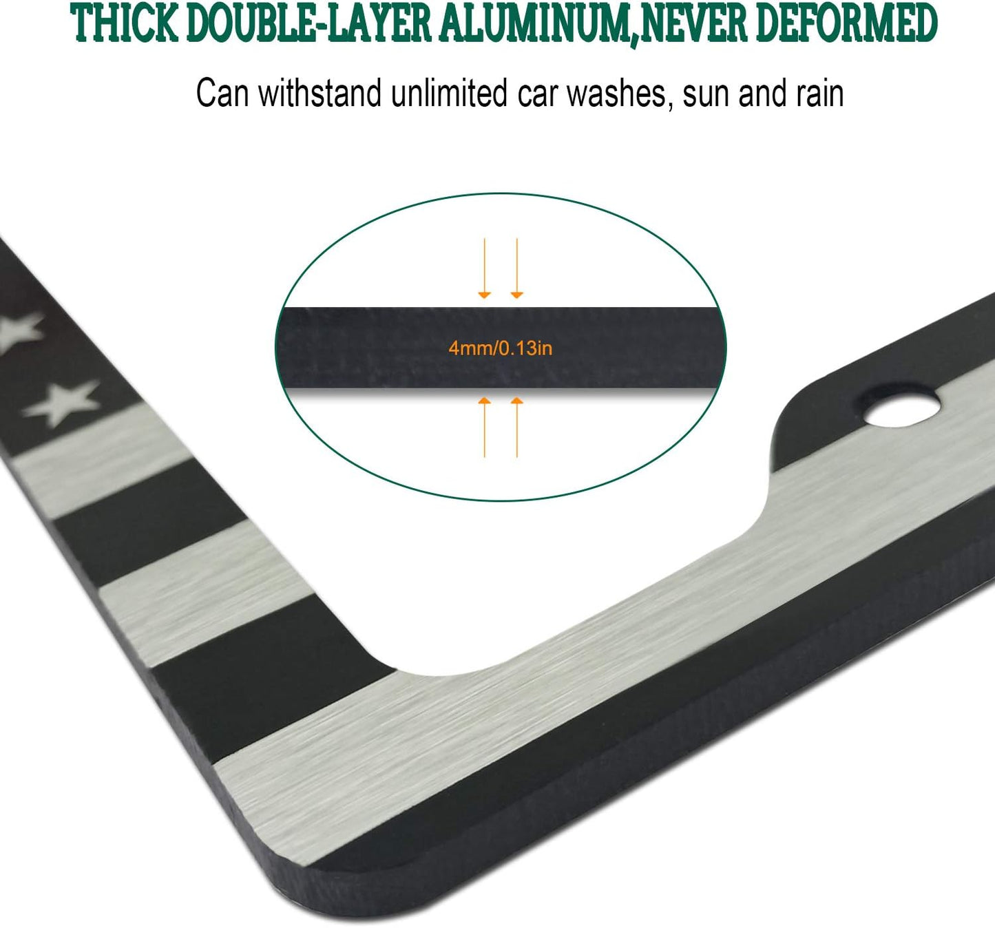 Flag License Plate Frame- USA Patriotic Personalized Car Tag Holder, 4 Hole Black Heavy-Duty Aluminum Bracket, Novelty Thin Cover for Front Bumper, Truck or SUV, Screws, Caps, Flag Decal