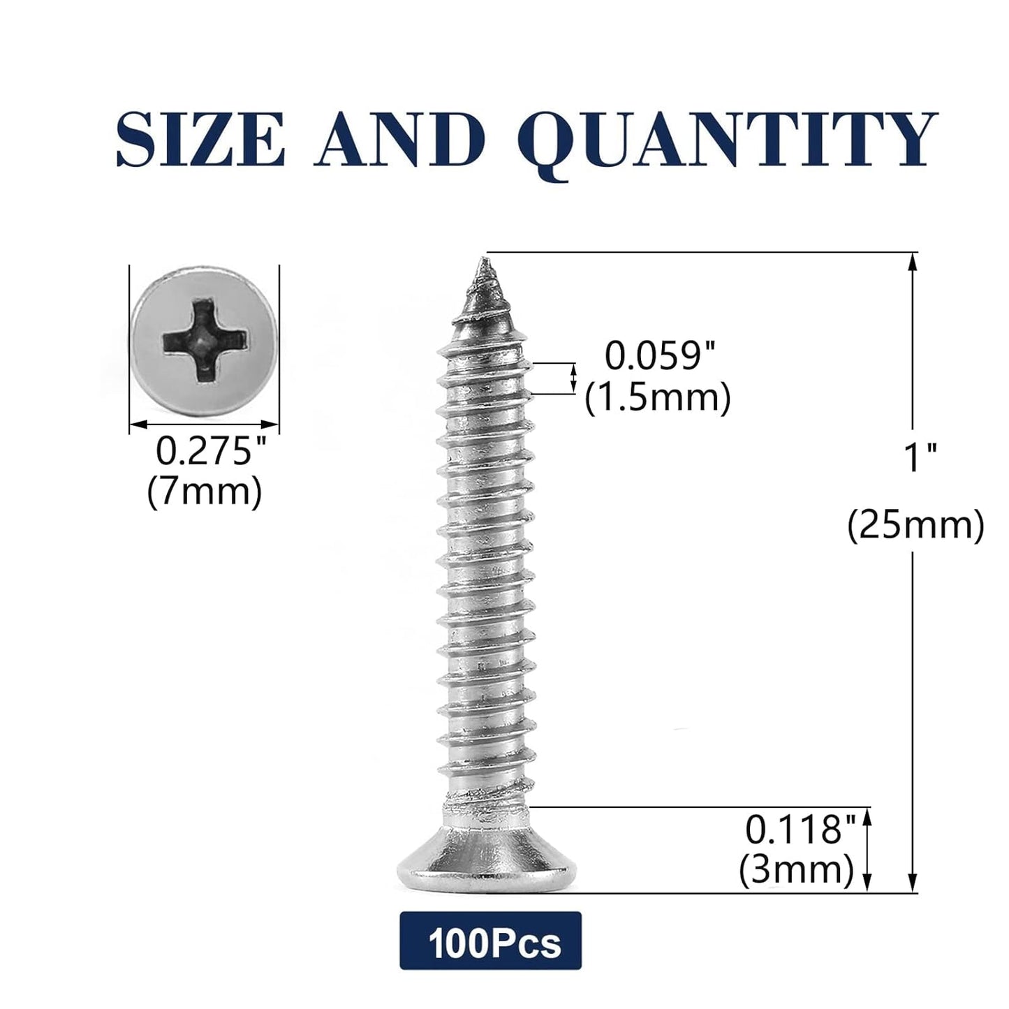 #7 x 1" Wood Screw 100Pcs 18-8 (304) Stainless Steel Screws Flat Head Phillips Fast Self Tapping Drywall Screws by SG TZH