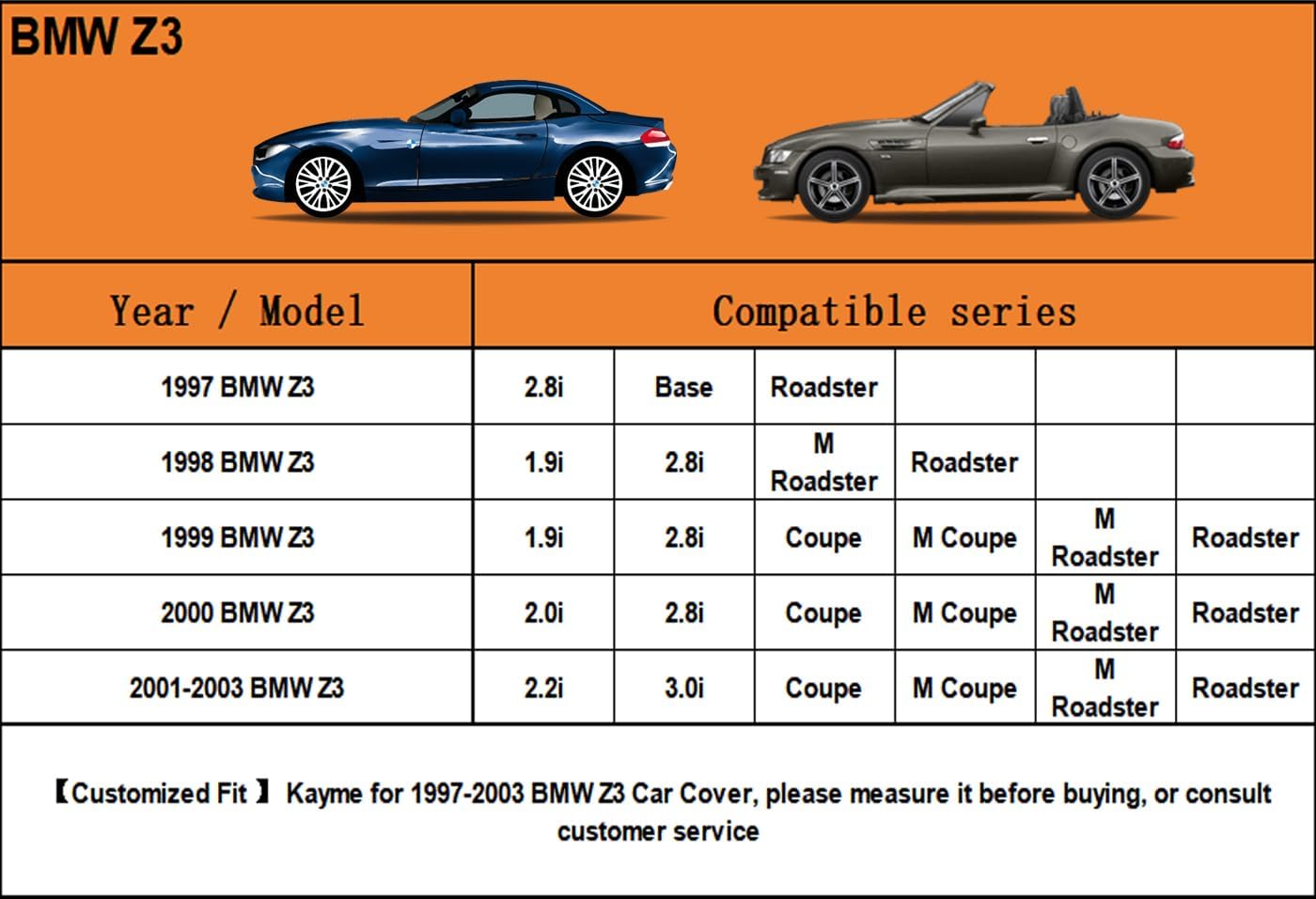 Kayme 6 Layers Car Cover Custom Fit for BMW Z3 (1997-2003) Waterproof All Weather for Automobiles, Outdoor Full Cover Rain Sun UV Protection.Silver