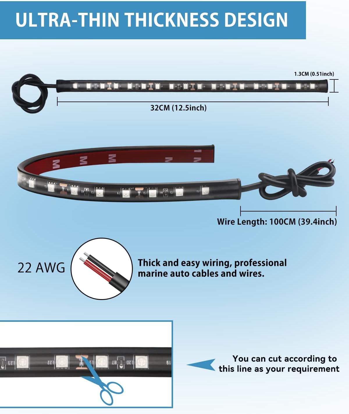 Keiurot 12V Led Light Strip 32CM Waterproof Led Light Strips for Cars Motorcycles Golf Cart Interior & Exterior Marine Boat Amber Led Strip Lights 12V 5050 18SMD,Pack of 4